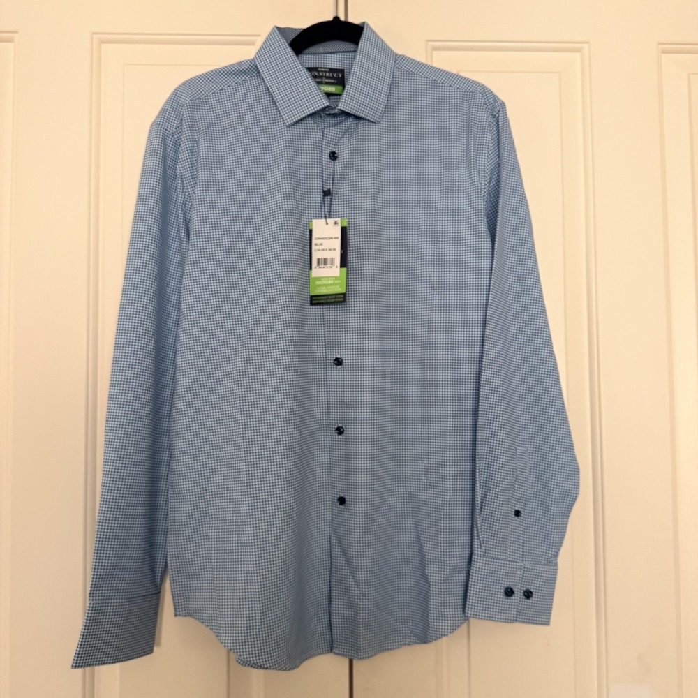 ConStruct Shirt Mens 16-16.5 34/35 Blue Gingham Slim 4-Way Stretch Dress Shirt
